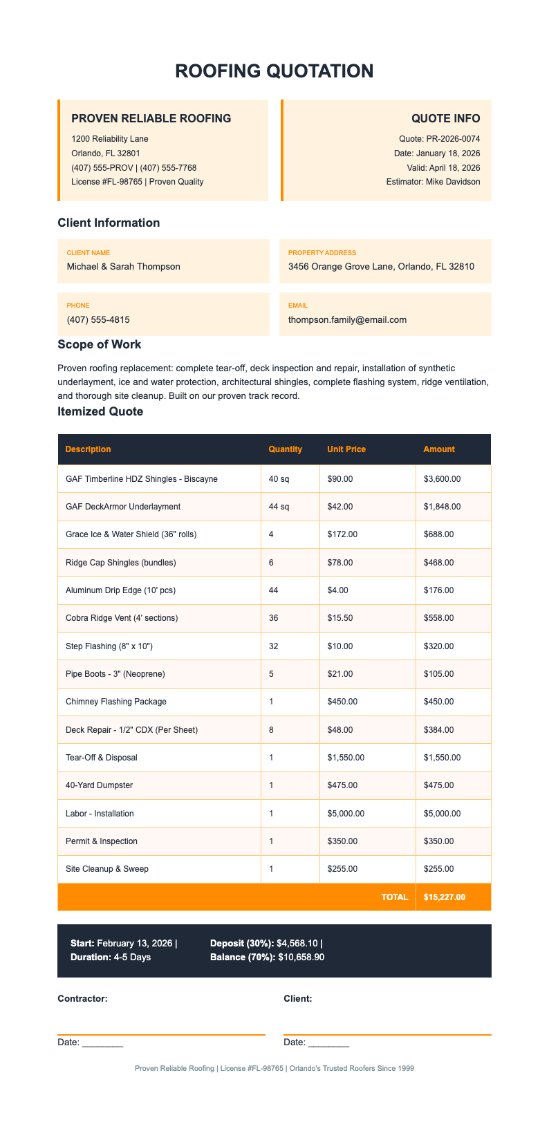 Proven reliable roofing quotation